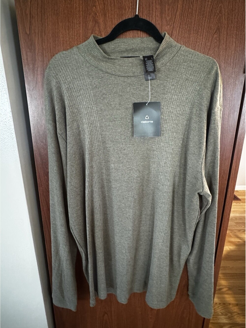 Claiborne olive green mock neck lightweight ribbed sweater - L